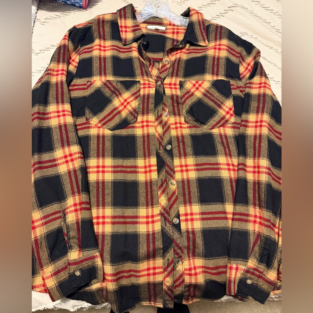 Maurices Plaid Button Down Shirt - Red, Black and Goldish